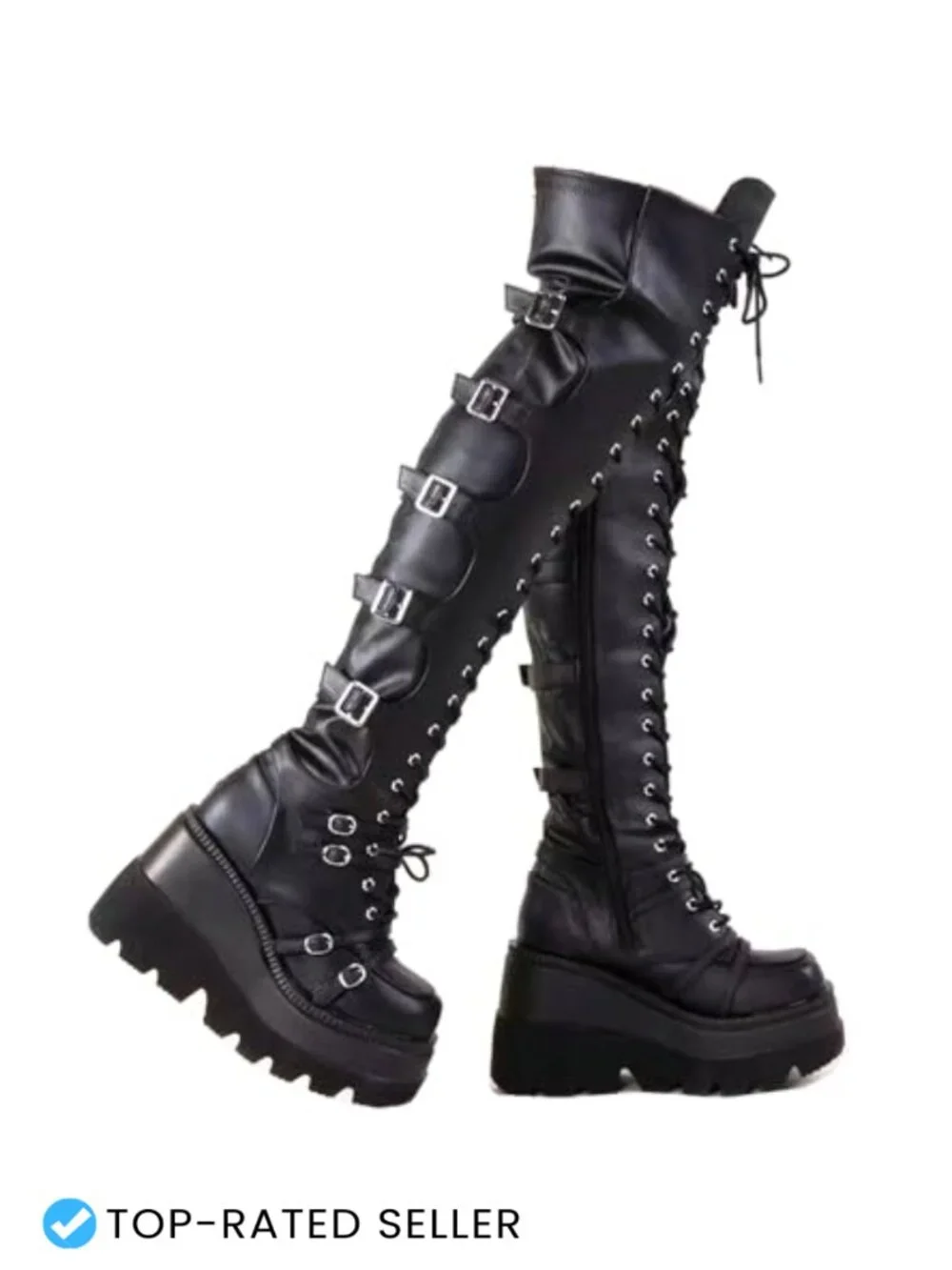 Over the Knee Platform Goth Boots Chunky Heel Faux Leather Lace Up Side Zip